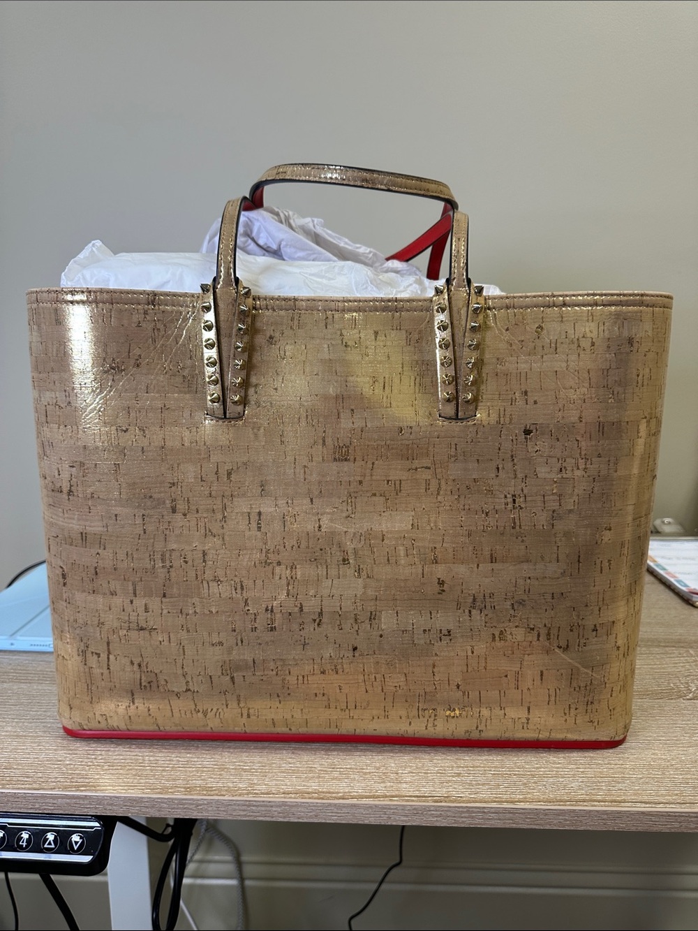 Christian Louboutin Metallic Gold Cork Tote with Red Trim